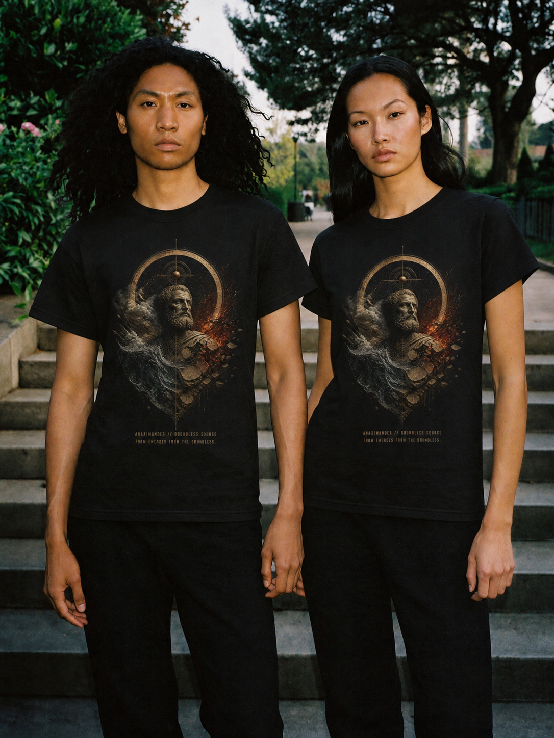Anaximander Boundless Source black T-shirt — couple Athens lifestyle shot 06