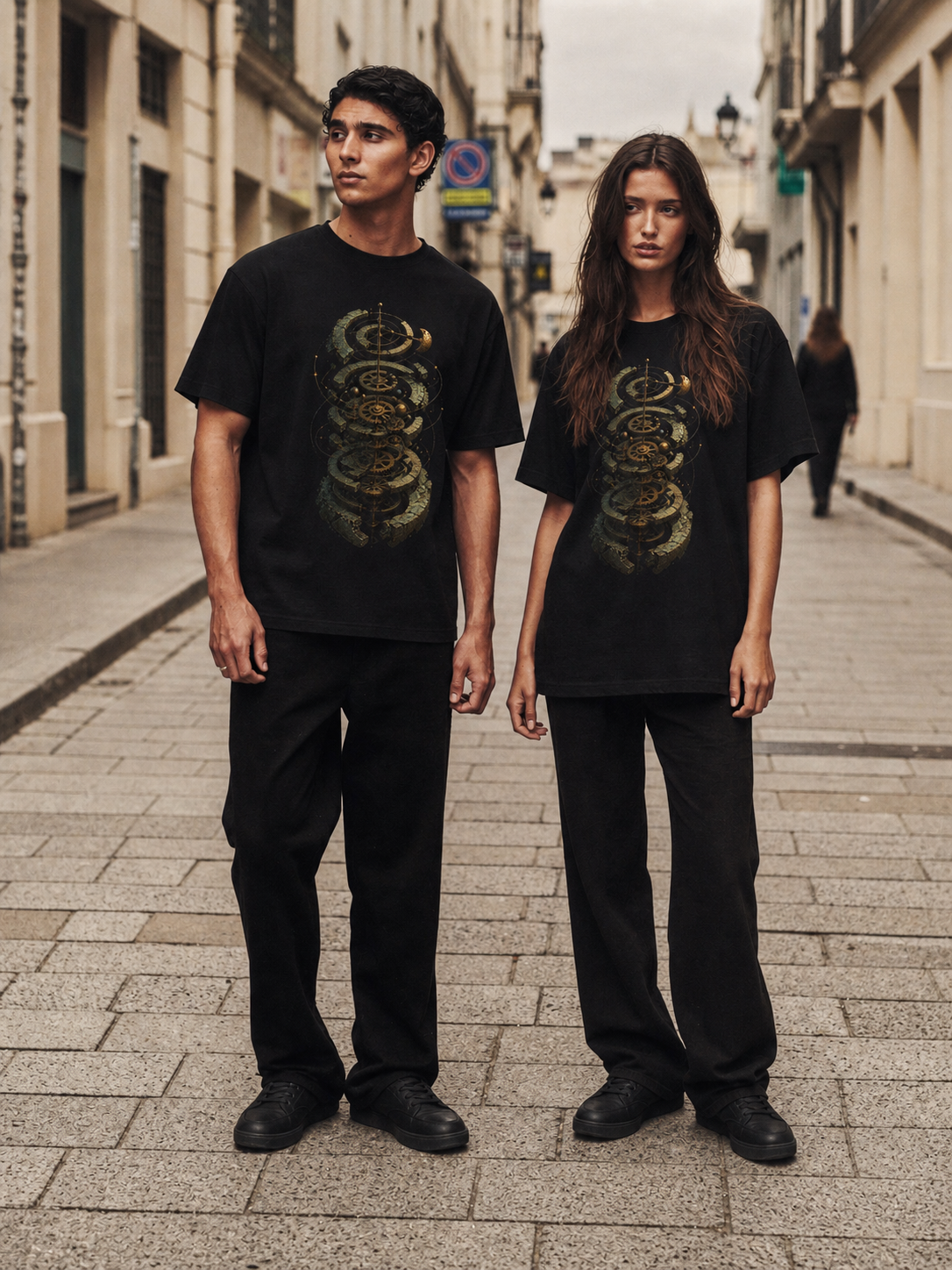Antikythera Celestial Mechanism black T-shirt — couple Athens lifestyle shot 06