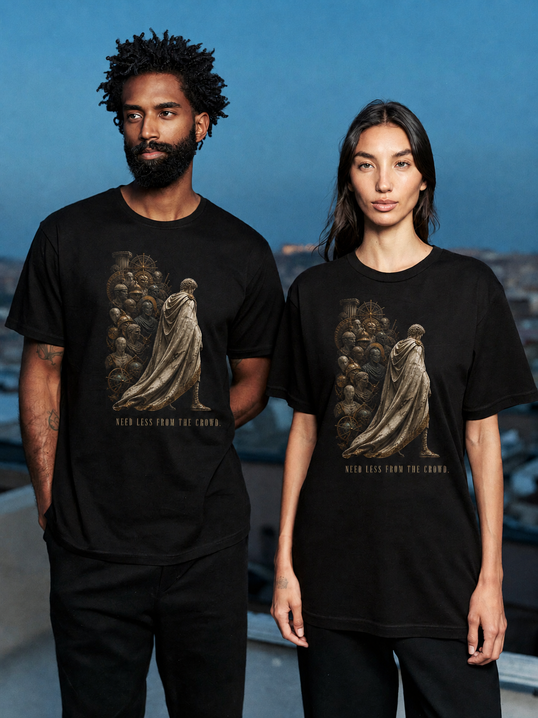 Antisthenes Self-Sufficiency black T-shirt — couple Athens lifestyle shot 06
