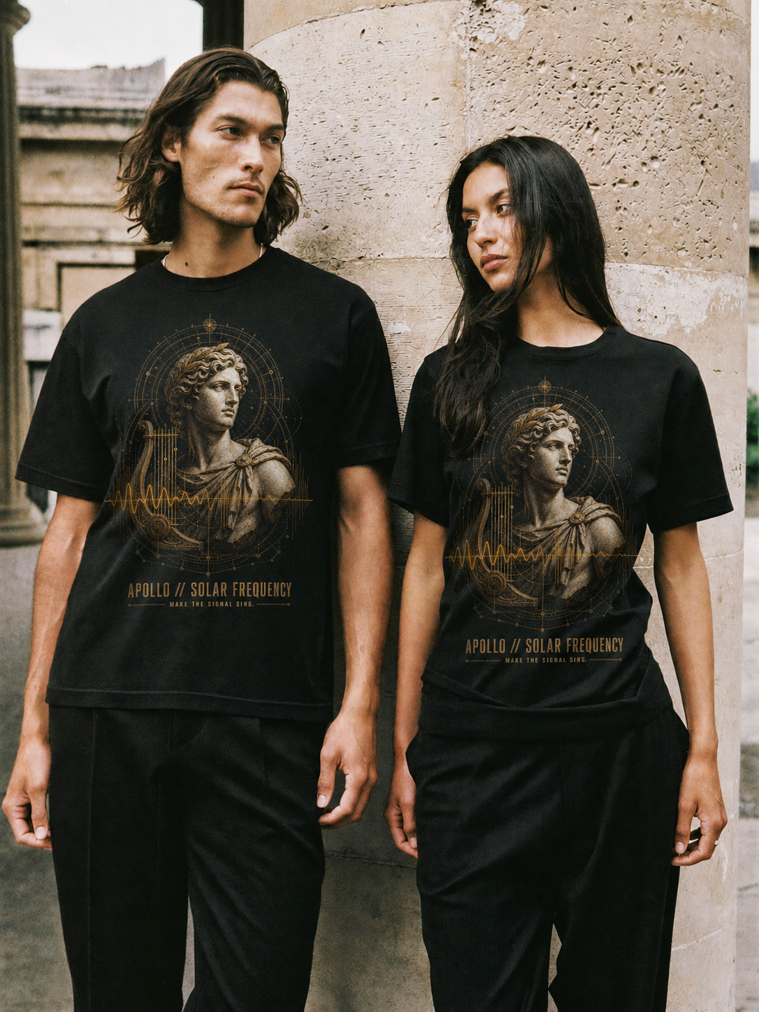 Apollo Solar Frequency black T-shirt — couple Athens lifestyle shot 06