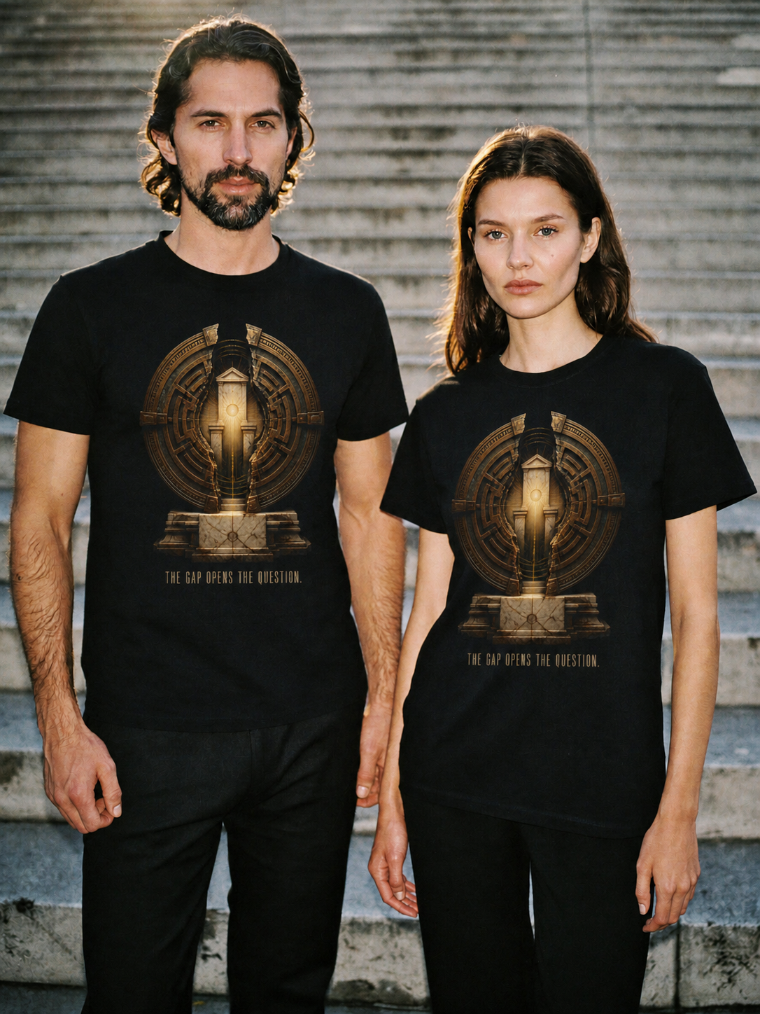 Aporia Productive Doubt black T-shirt — couple Athens lifestyle shot 06
