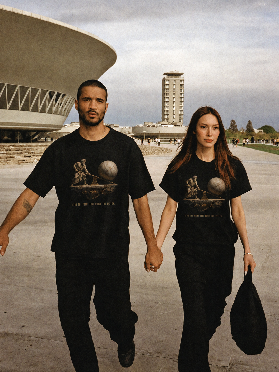 Archimedes Leverage Principle T-Shirt — couple lifestyle scene 2 in Athens