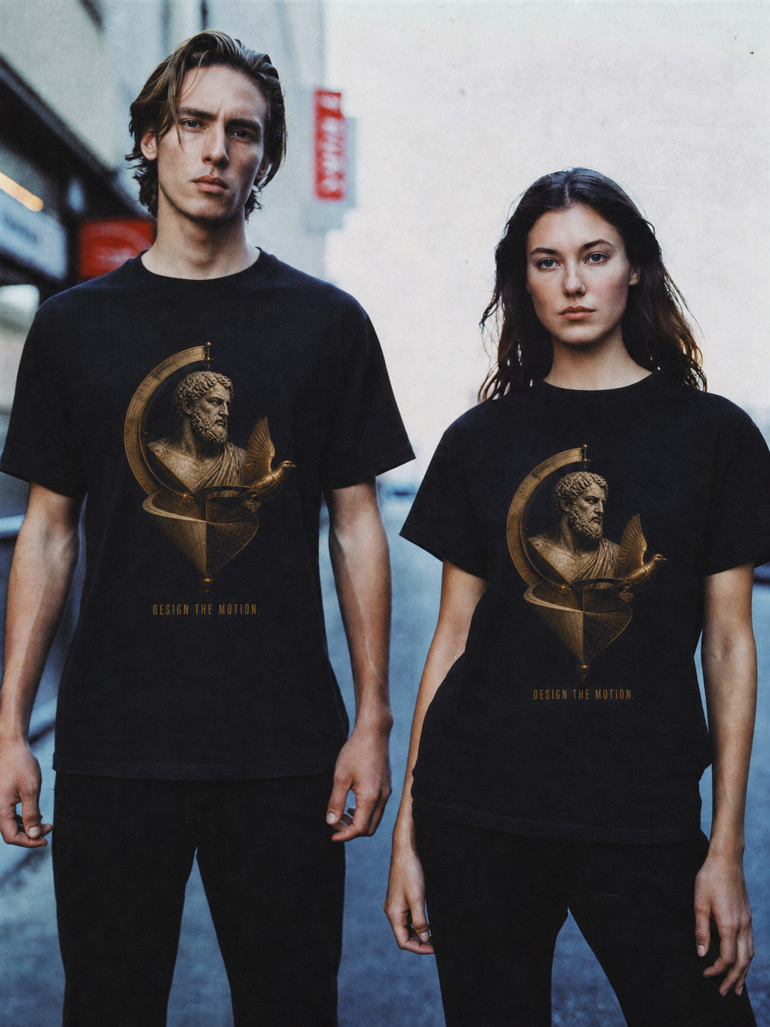 Archytas Motion Geometry T-Shirt — couple lifestyle scene 2 in Athens