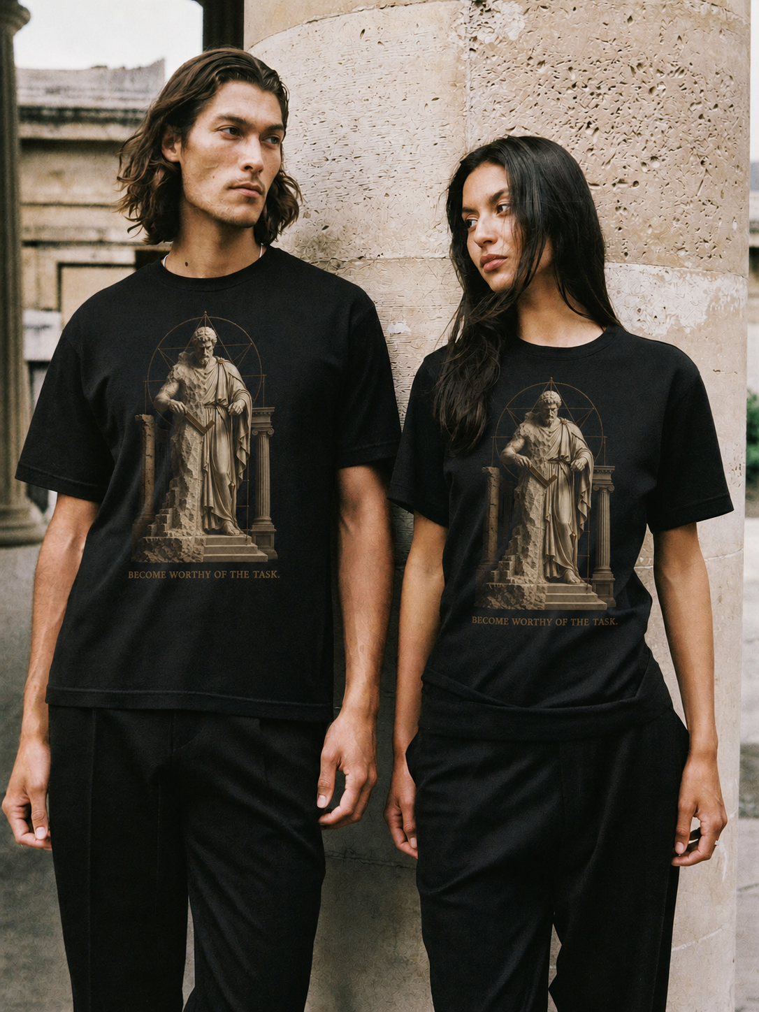 Arete Excellence Standard black T-shirt — couple Athens lifestyle shot 06