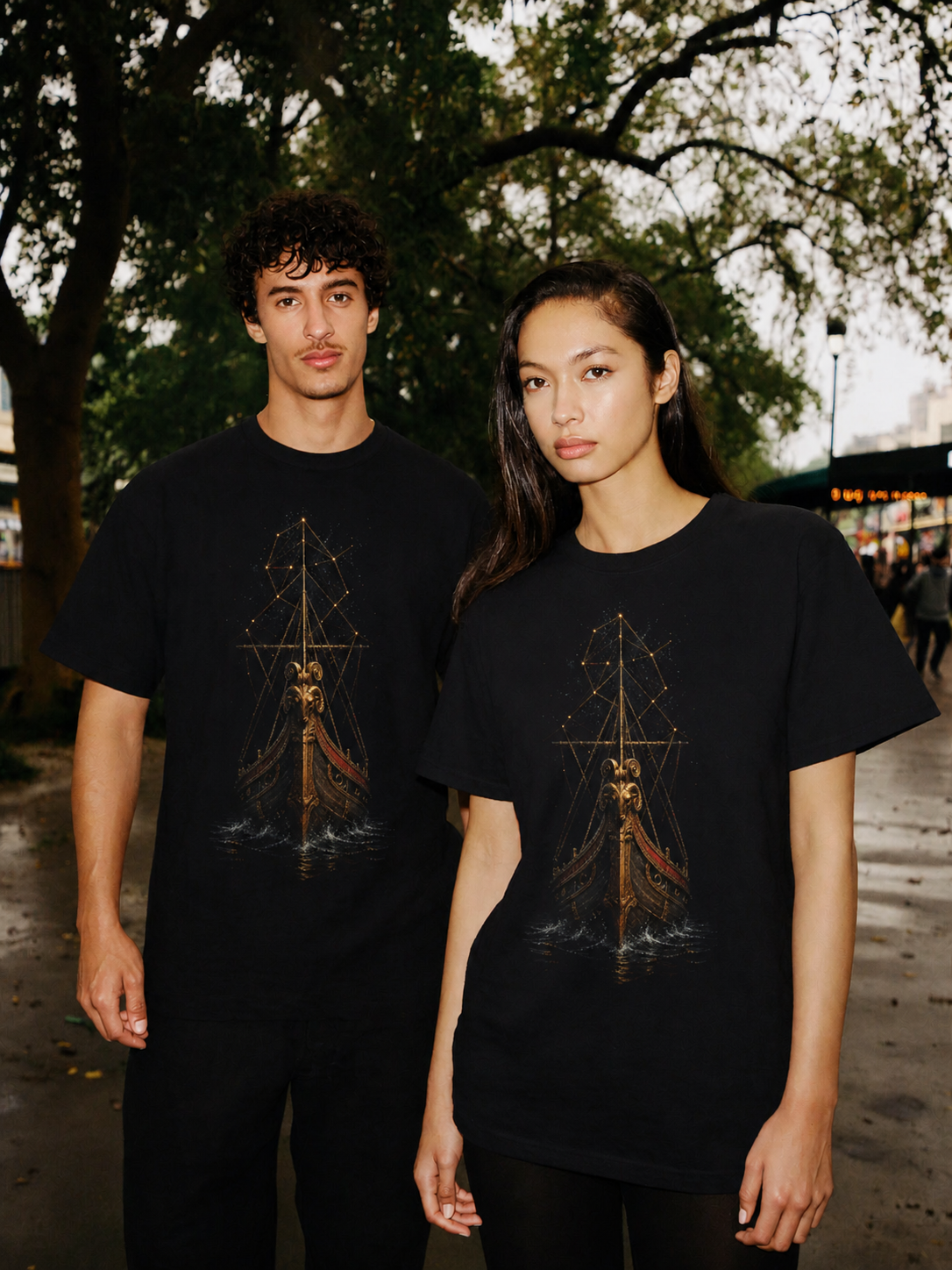 Argo Celestial Hull black T-shirt — couple Athens lifestyle shot 06