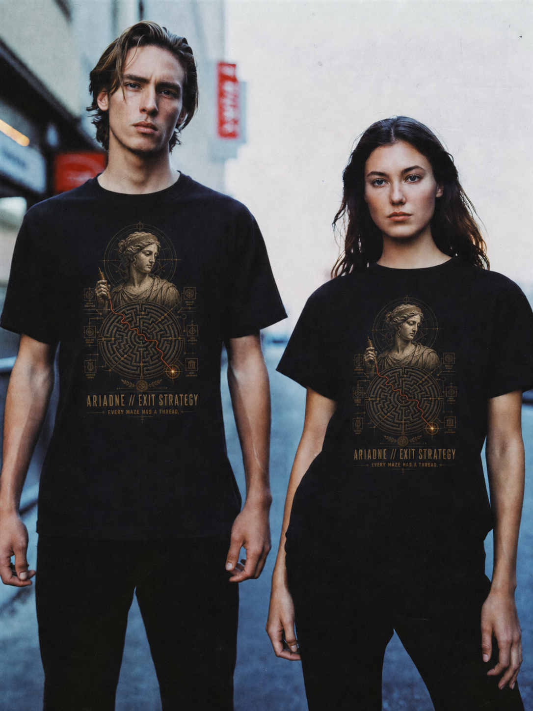 Ariadne Exit Strategy black T-shirt — couple Athens lifestyle shot 06