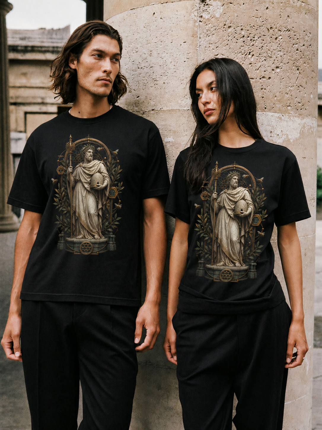 Aristaeus Hive Order black T-shirt — couple Athens lifestyle shot 06