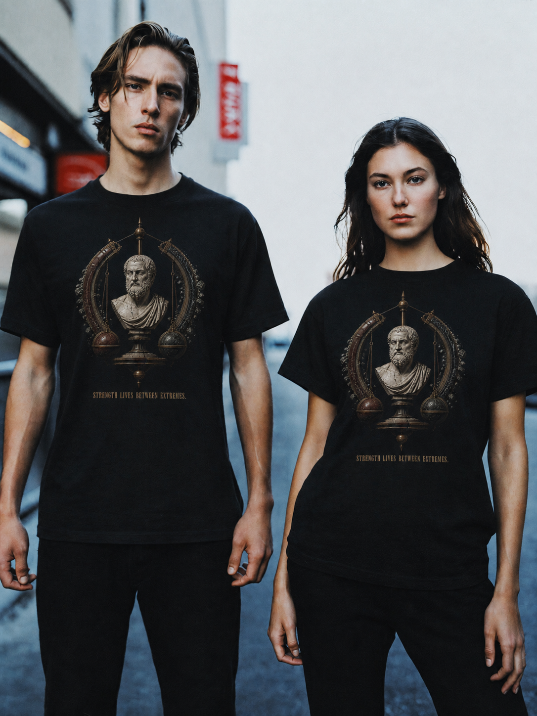 Aristotle Golden Mean black T-shirt — couple Athens lifestyle shot 06