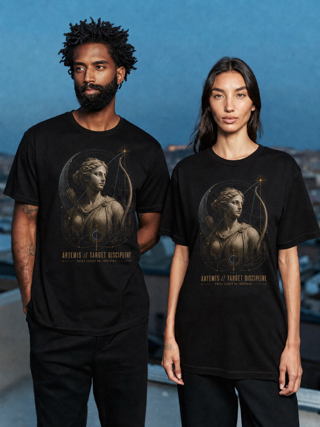 Artemis Target Discipline black T-shirt — couple Athens lifestyle shot 06