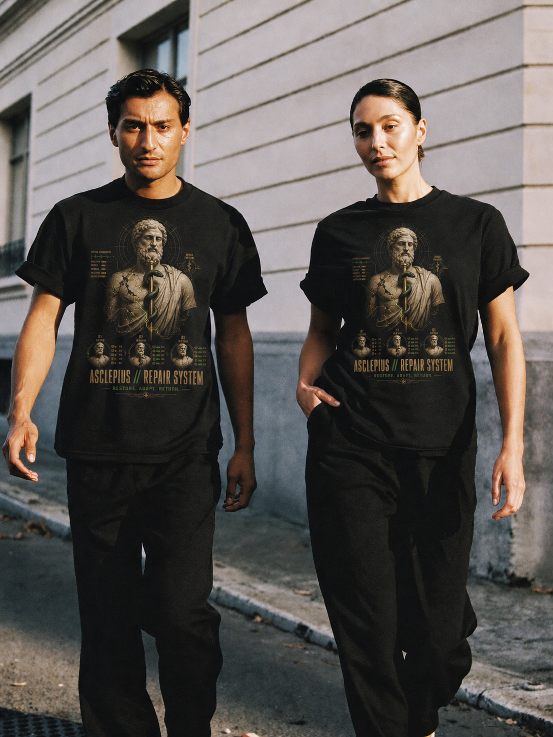Asclepius Repair System black T-shirt — couple Athens lifestyle shot 06