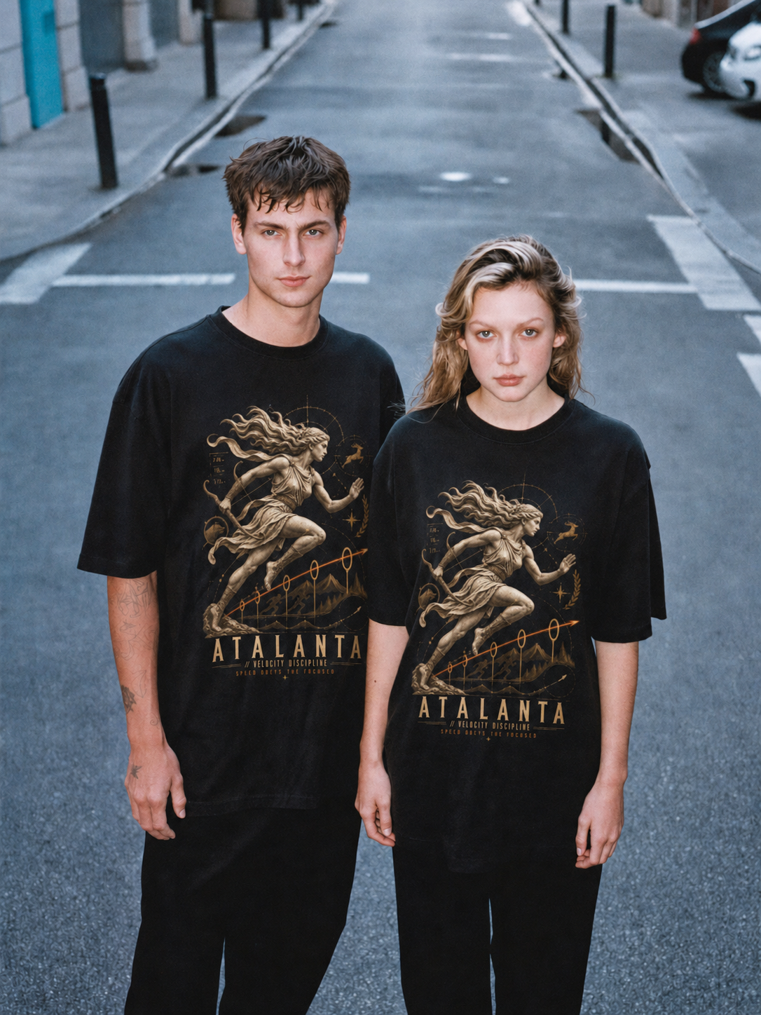 Atalanta Velocity Discipline black T-shirt — couple Athens lifestyle shot 06