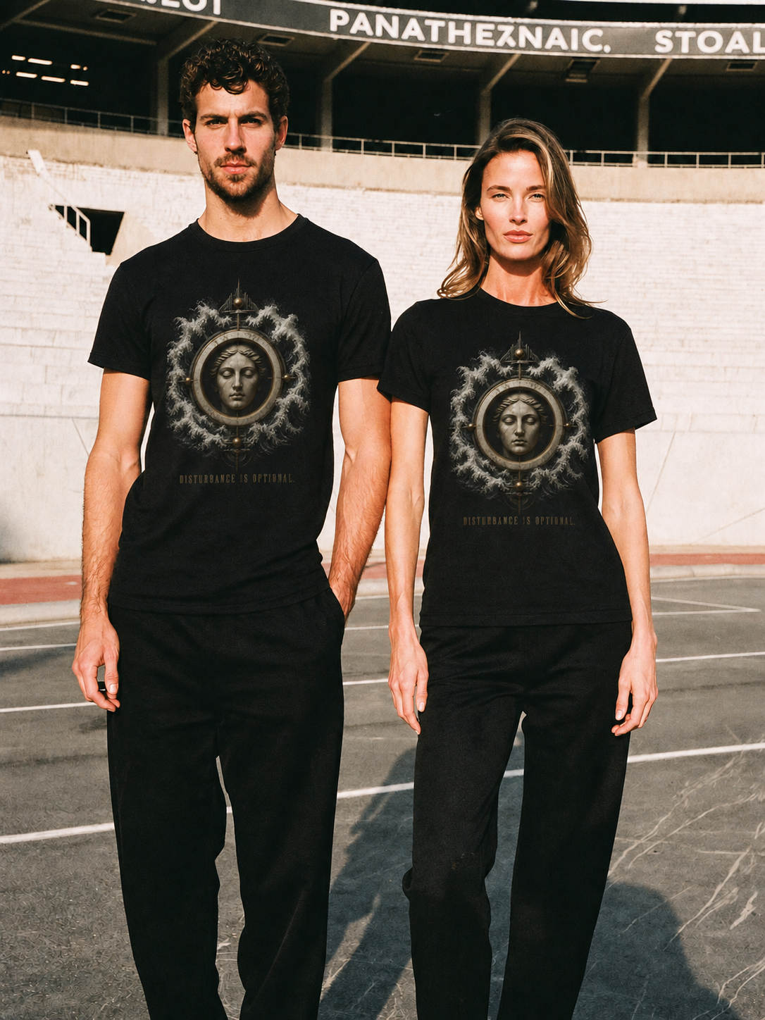 Ataraxia Quiet State black T-shirt — couple Athens lifestyle shot 06