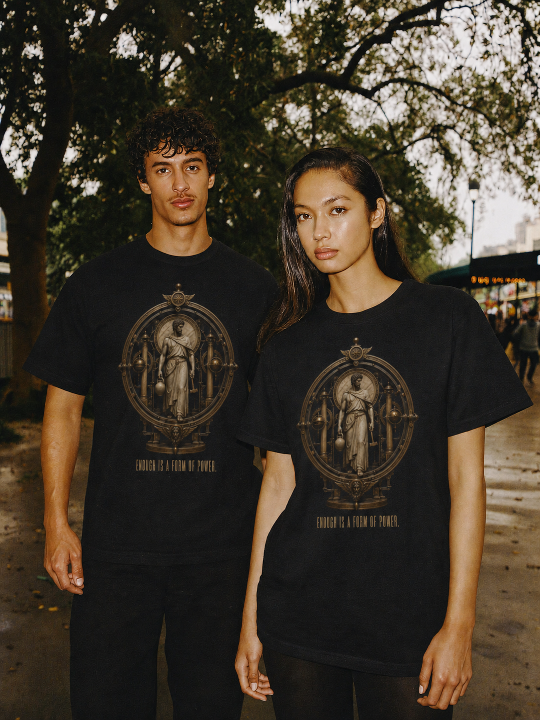 Autarkeia Independent State black T-shirt — couple Athens lifestyle shot 06