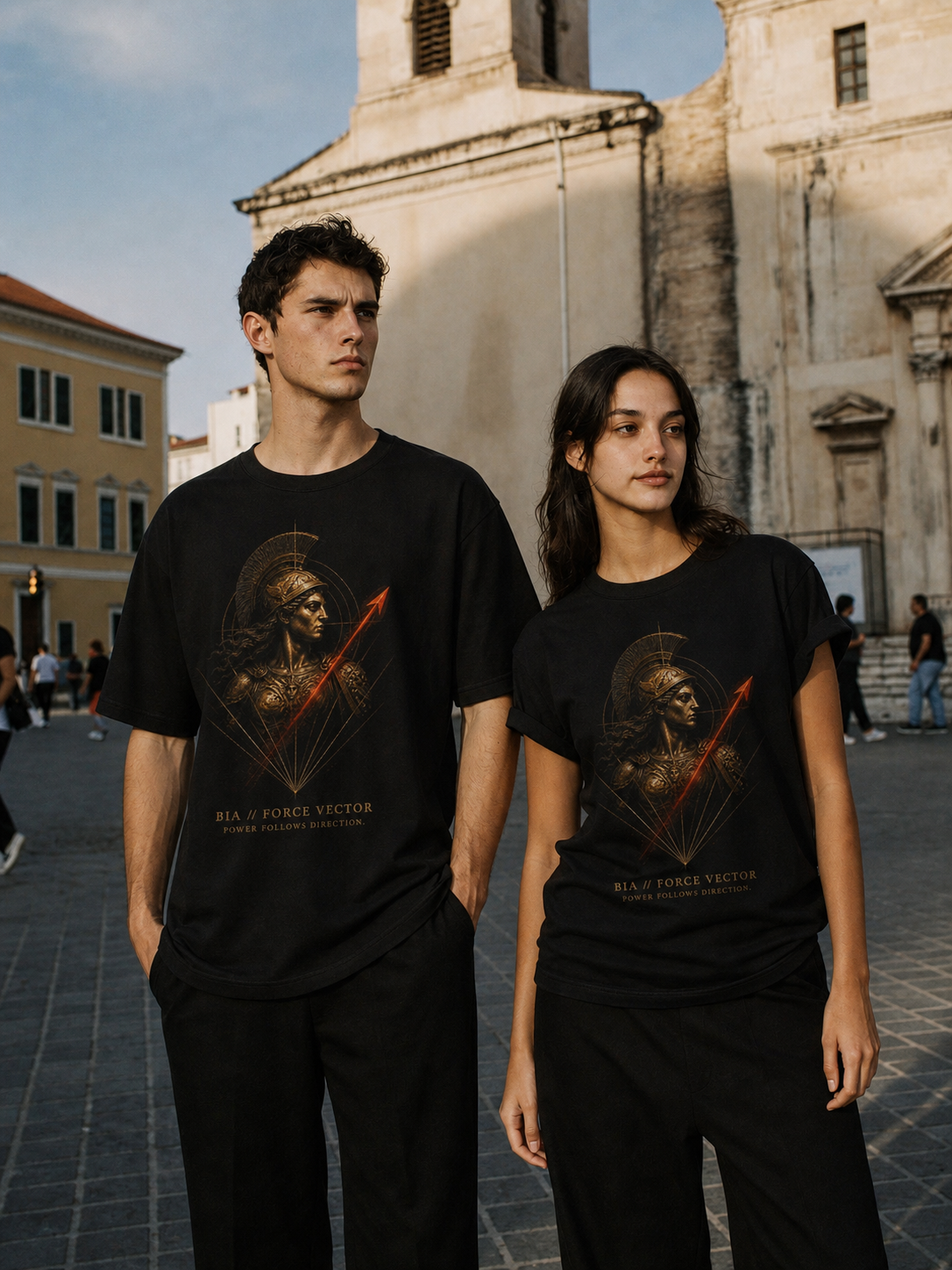 Bia Force Vector black T-shirt — couple Athens lifestyle shot 06