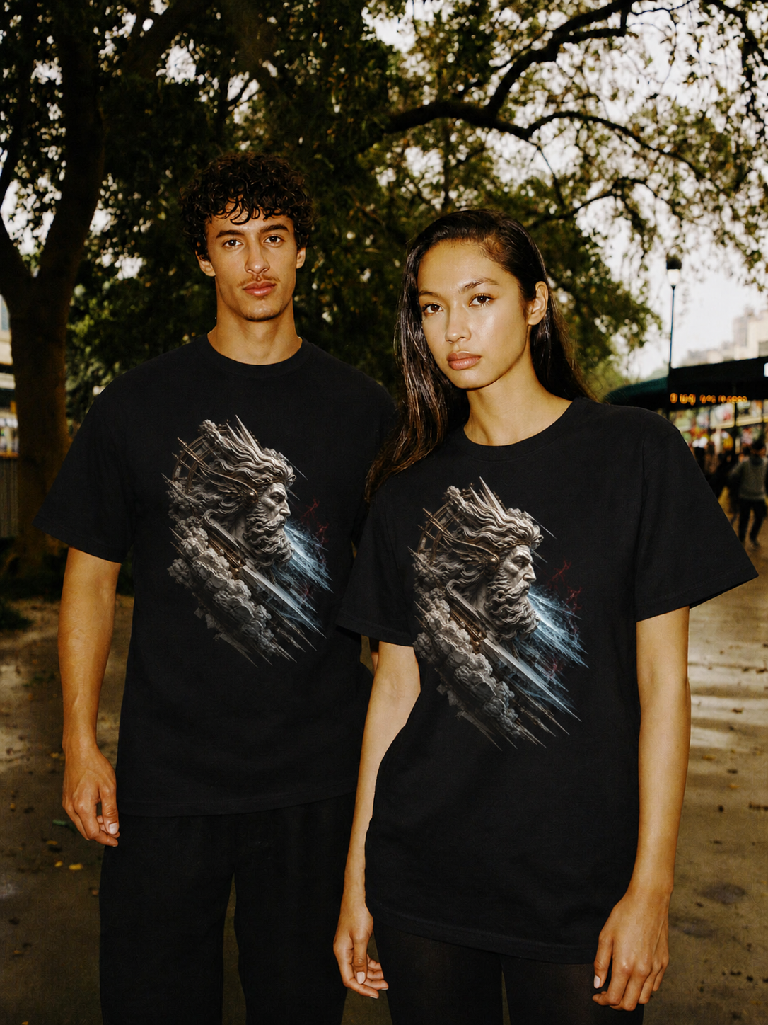 Boreas North Current black T-shirt — couple Athens lifestyle shot 06