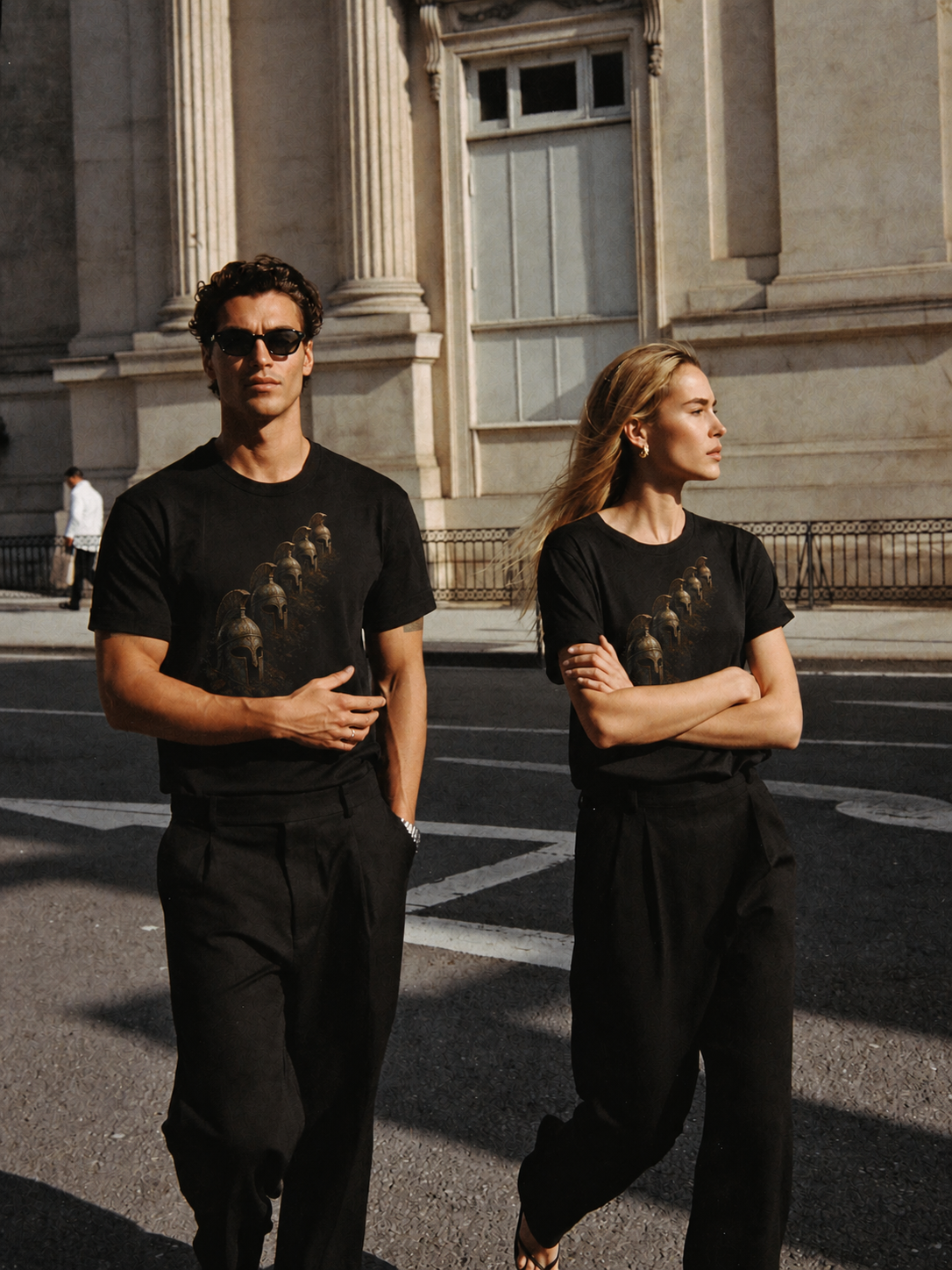 Cadmus Sown Warriors black T-shirt — couple Athens lifestyle shot 06