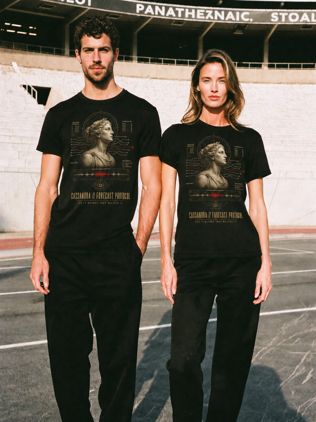 Cassandra Forecast Protocol black T-shirt — couple Athens lifestyle shot 06