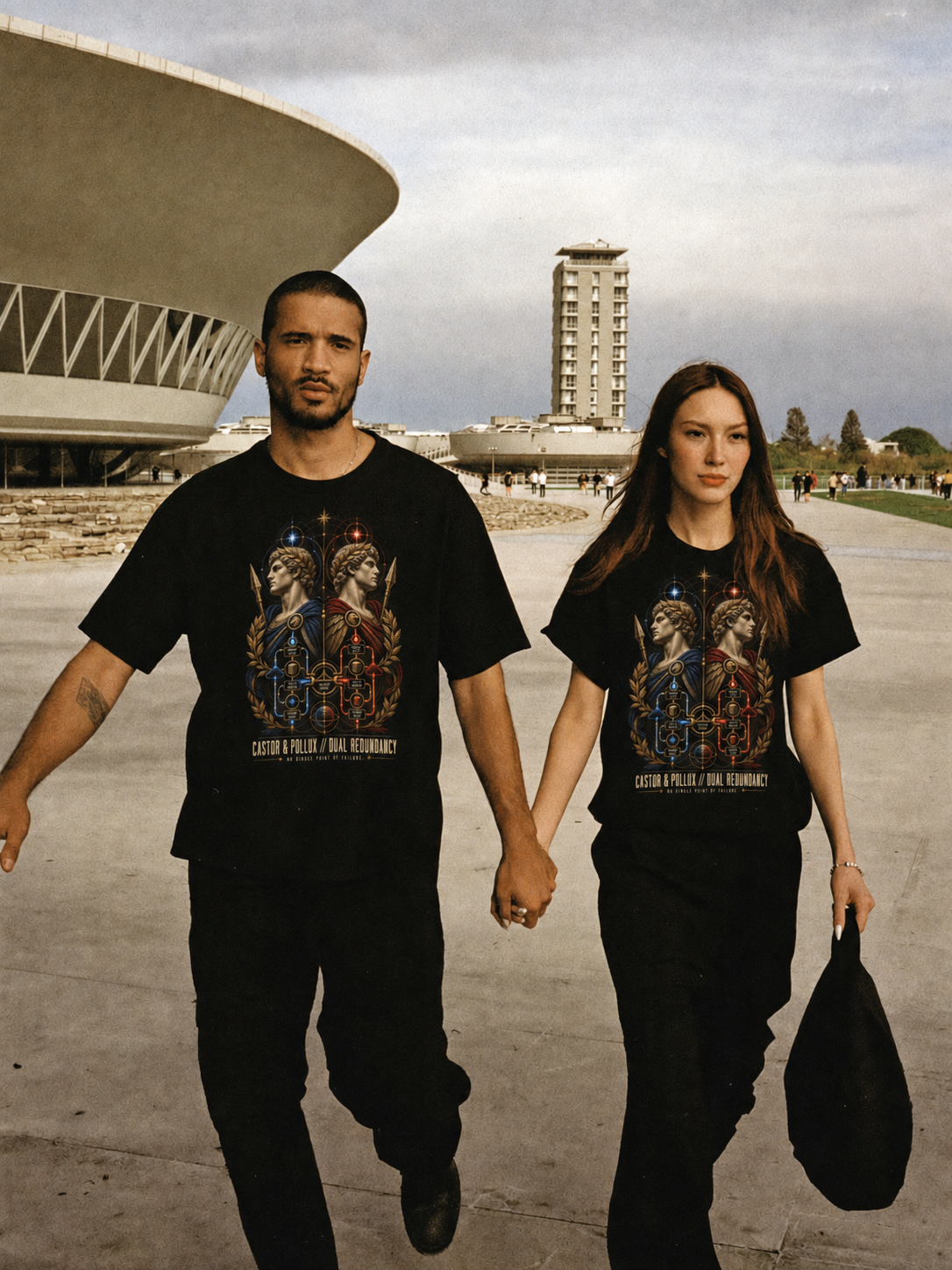 Castor Pollux Dual Redundancy black T-shirt — couple Athens lifestyle shot 06