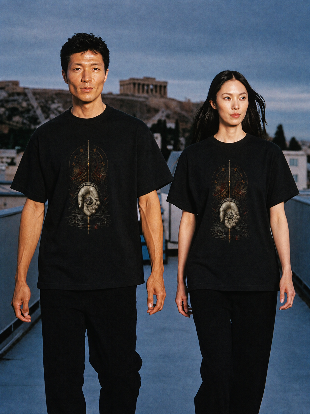 Charon's Obol black T-shirt — couple Athens lifestyle shot 06