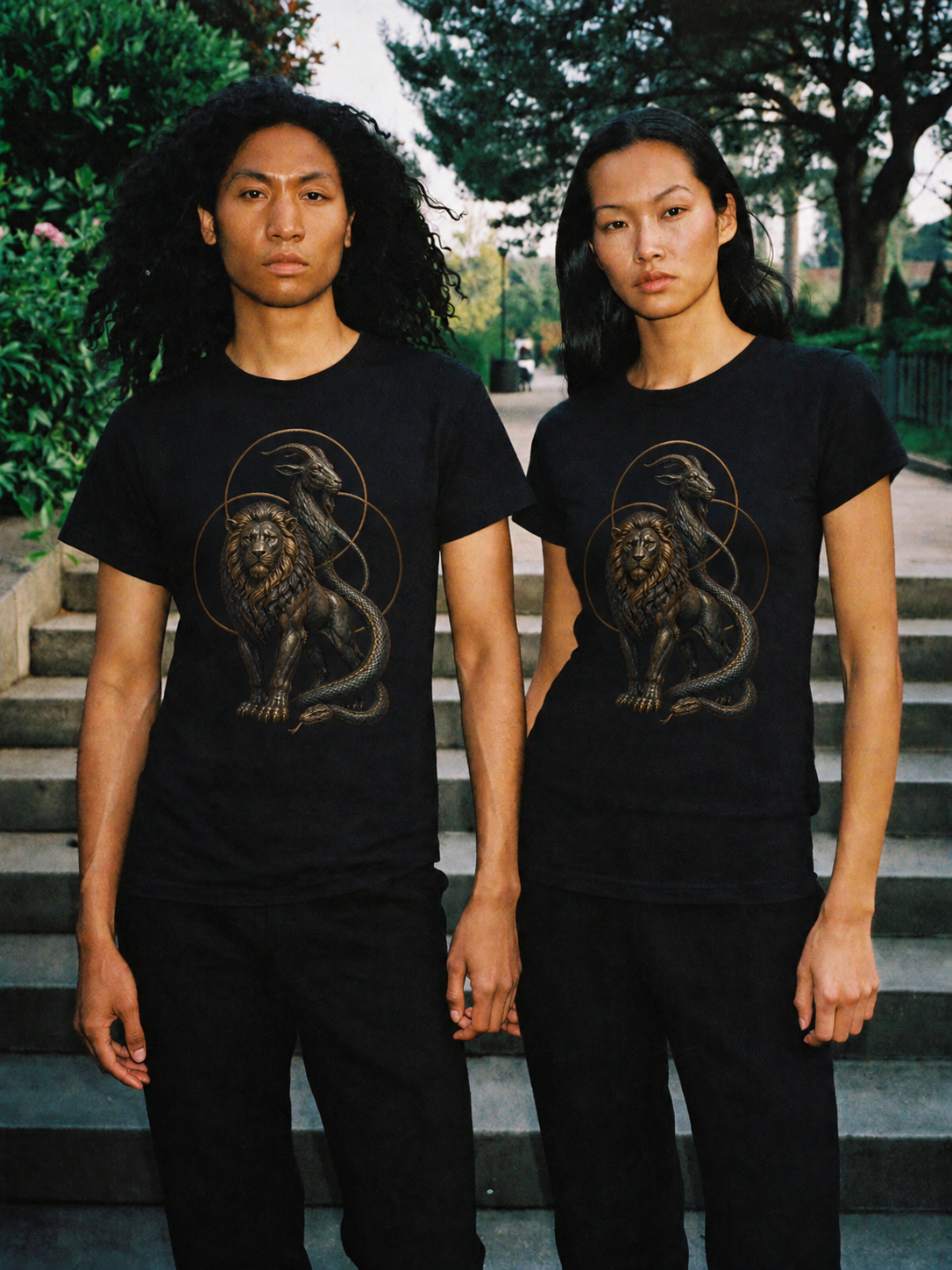Chimera Tri-Form black T-shirt — couple Athens lifestyle shot 06