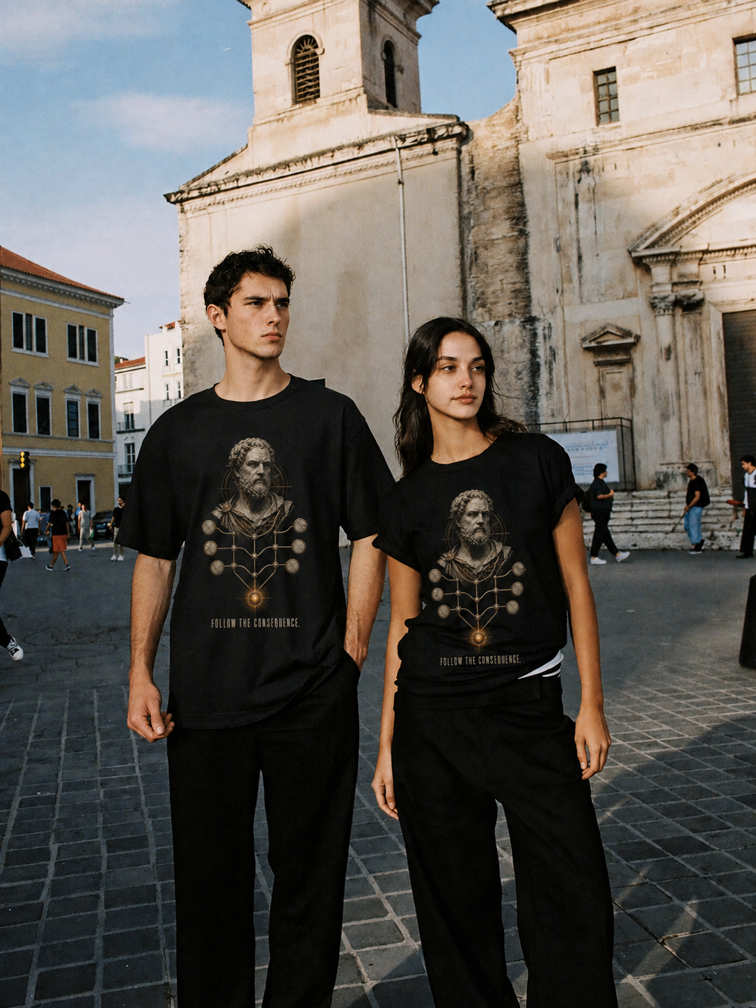 Chrysippus Logic Mesh black T-shirt — couple Athens lifestyle shot 06