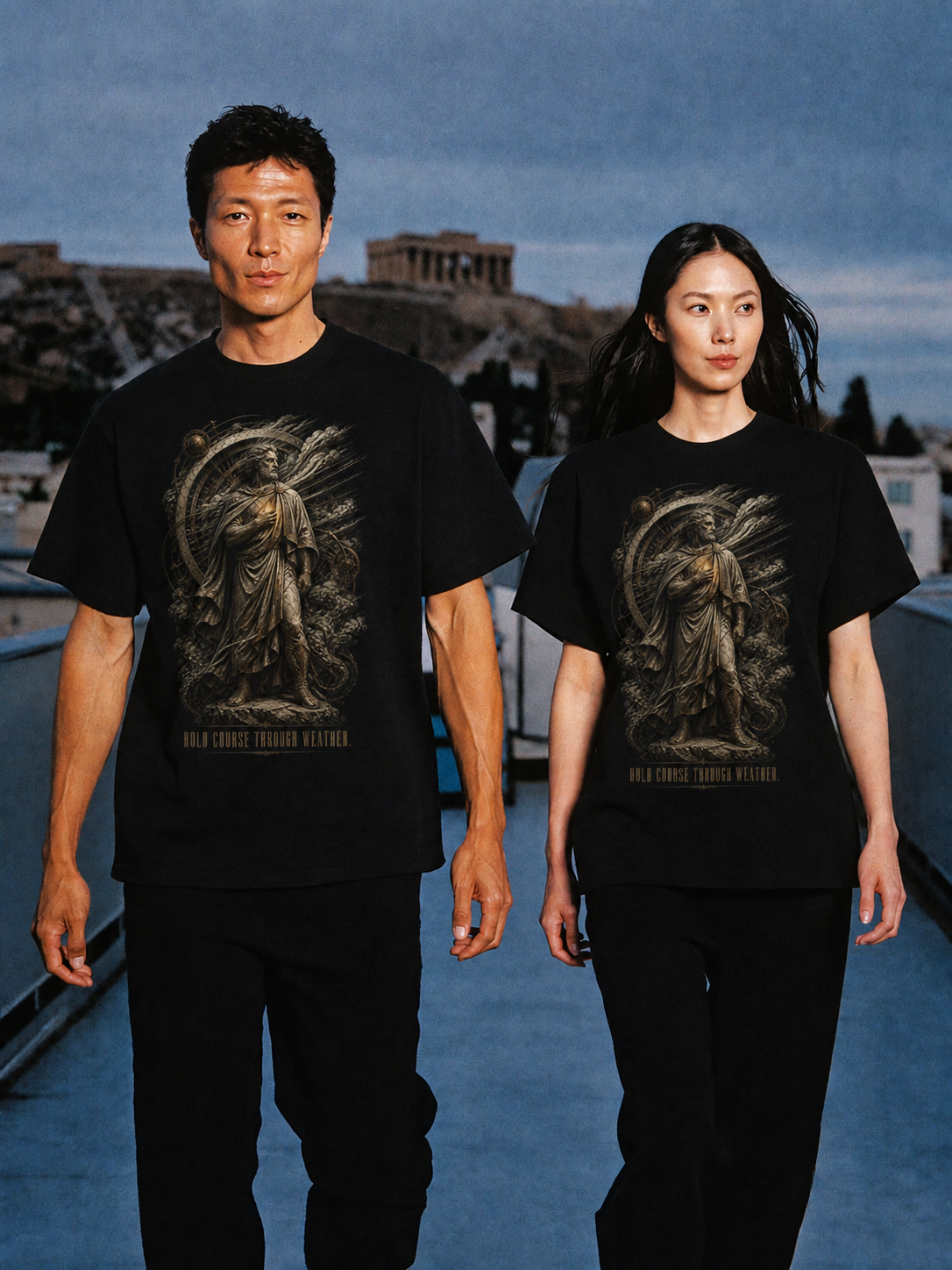 Cleanthes Inner Fire black T-shirt — couple Athens lifestyle shot 06
