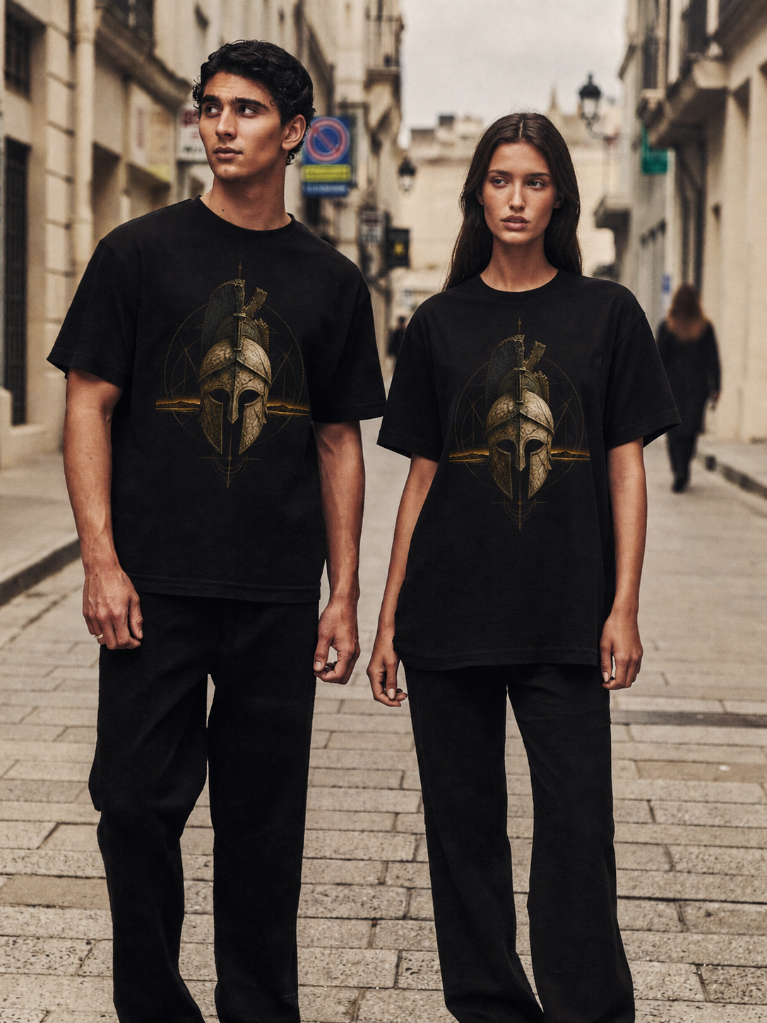 Corinthian Sentinel black T-shirt — couple Athens lifestyle shot 06
