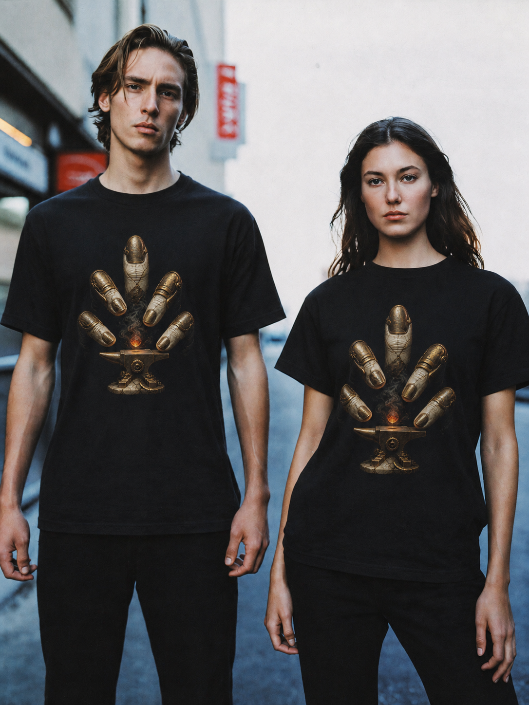 Cretan Dactyl Hand Forge black T-shirt — couple Athens lifestyle shot 06