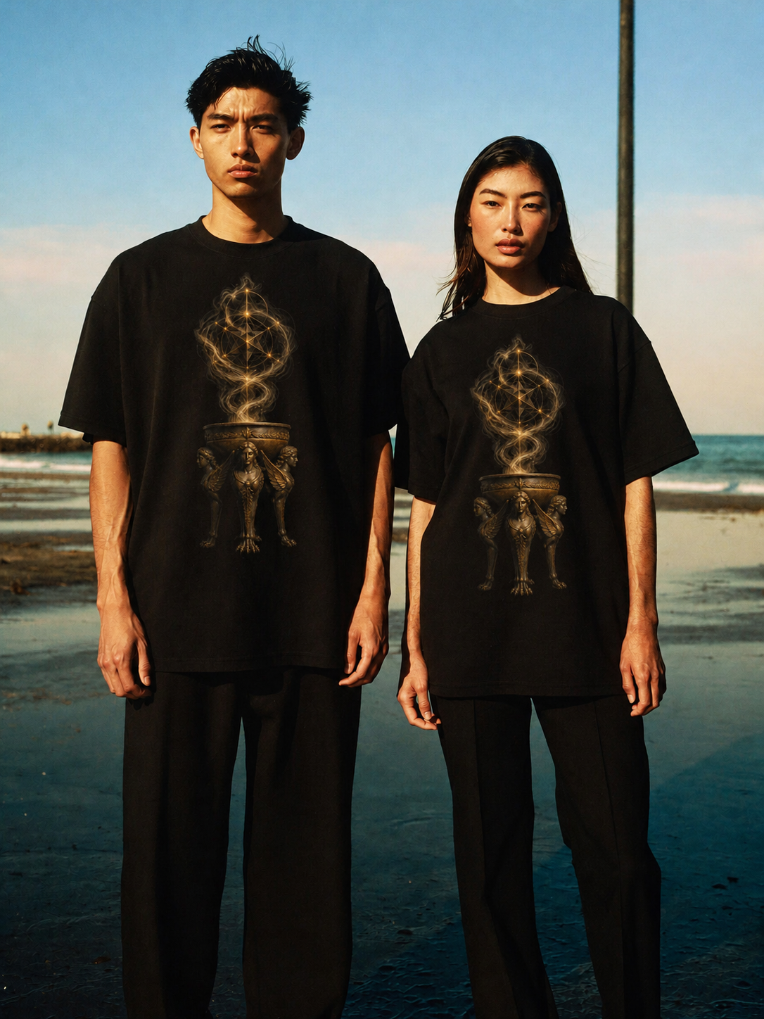Delphic Tripod black T-shirt — couple Athens lifestyle shot 06
