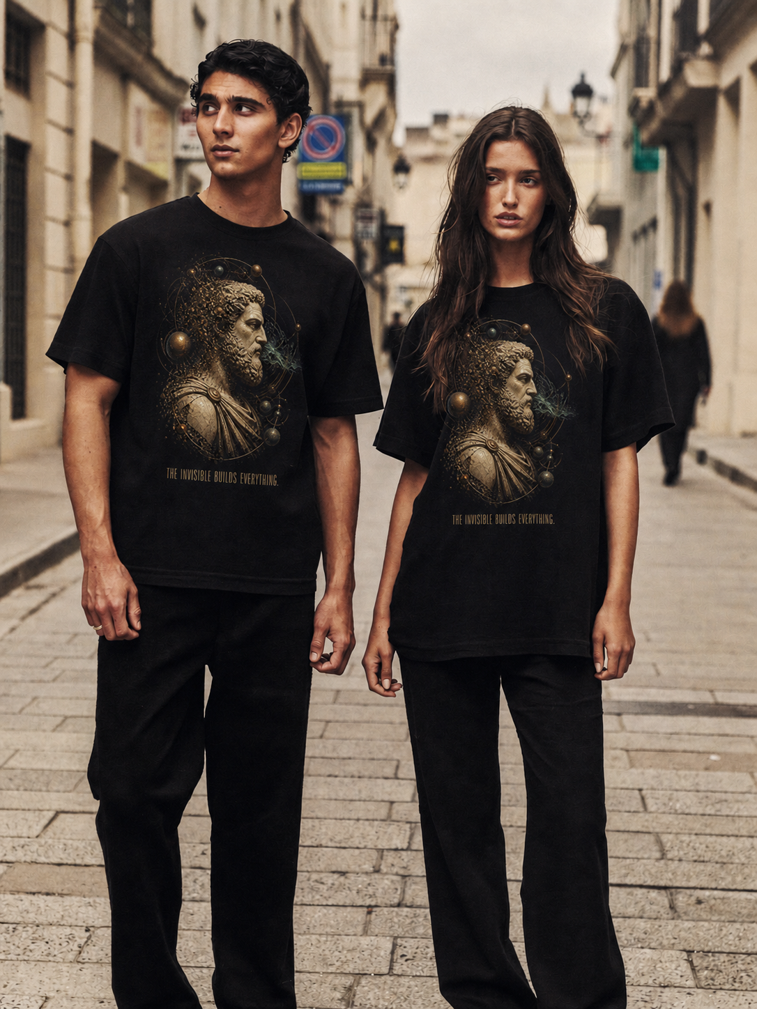 Democritus Atomic Field black T-shirt — couple Athens lifestyle shot 06