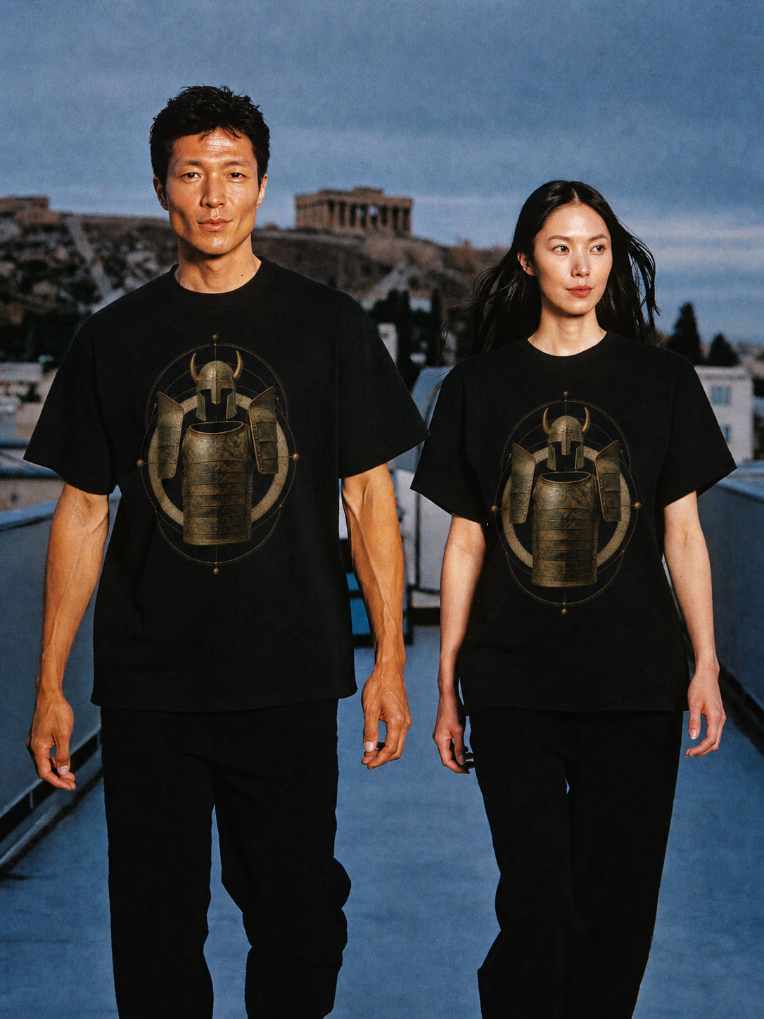 Dendra Bronze Shell black T-shirt — couple Athens lifestyle shot 06