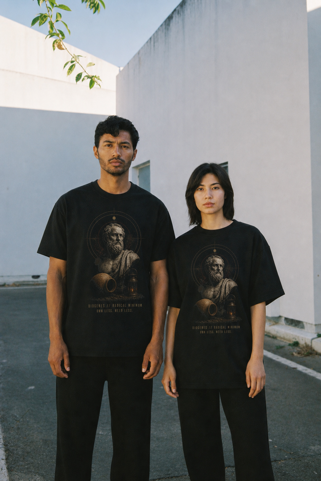 Diogenes Radical Minimum black T-shirt — couple Athens lifestyle shot 06