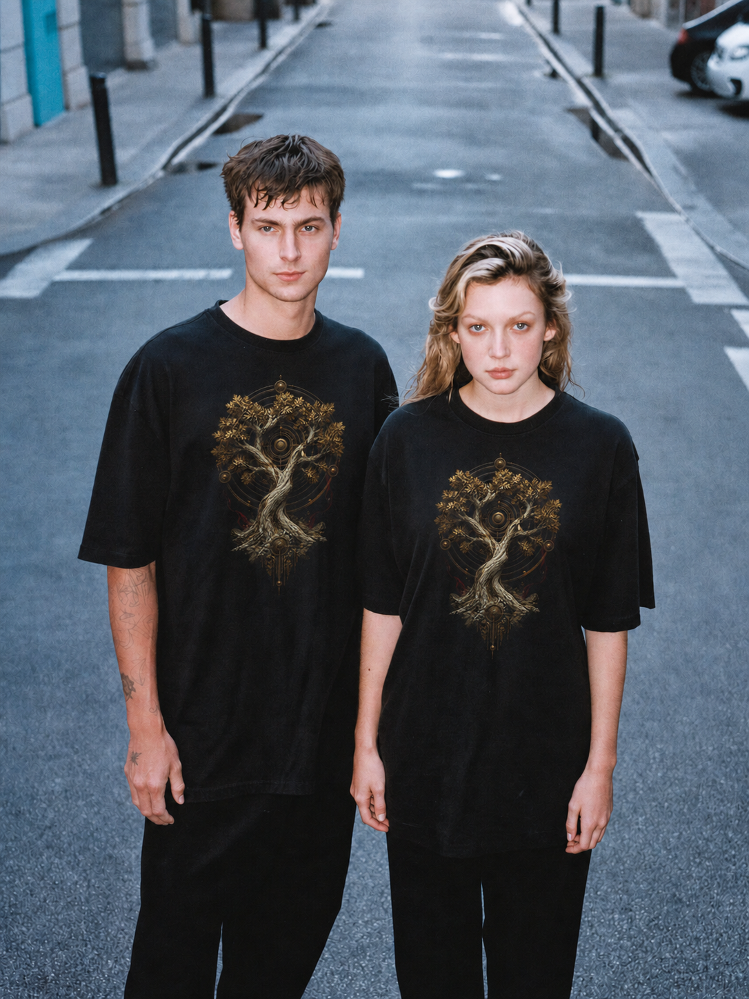 Dodona Sacred Oak black T-shirt — couple Athens lifestyle shot 06