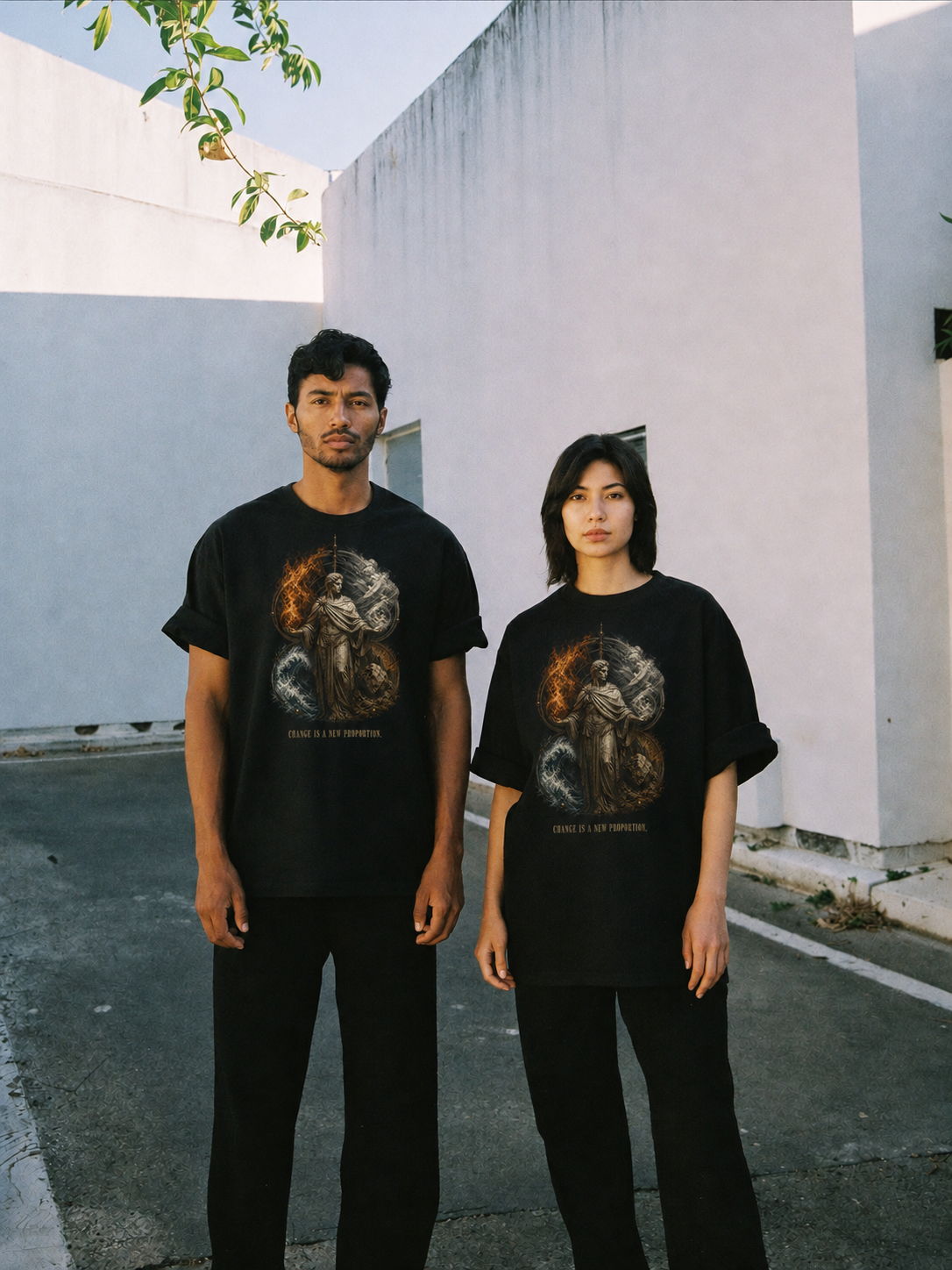 Empedocles Four Roots black T-shirt — couple Athens lifestyle shot 06