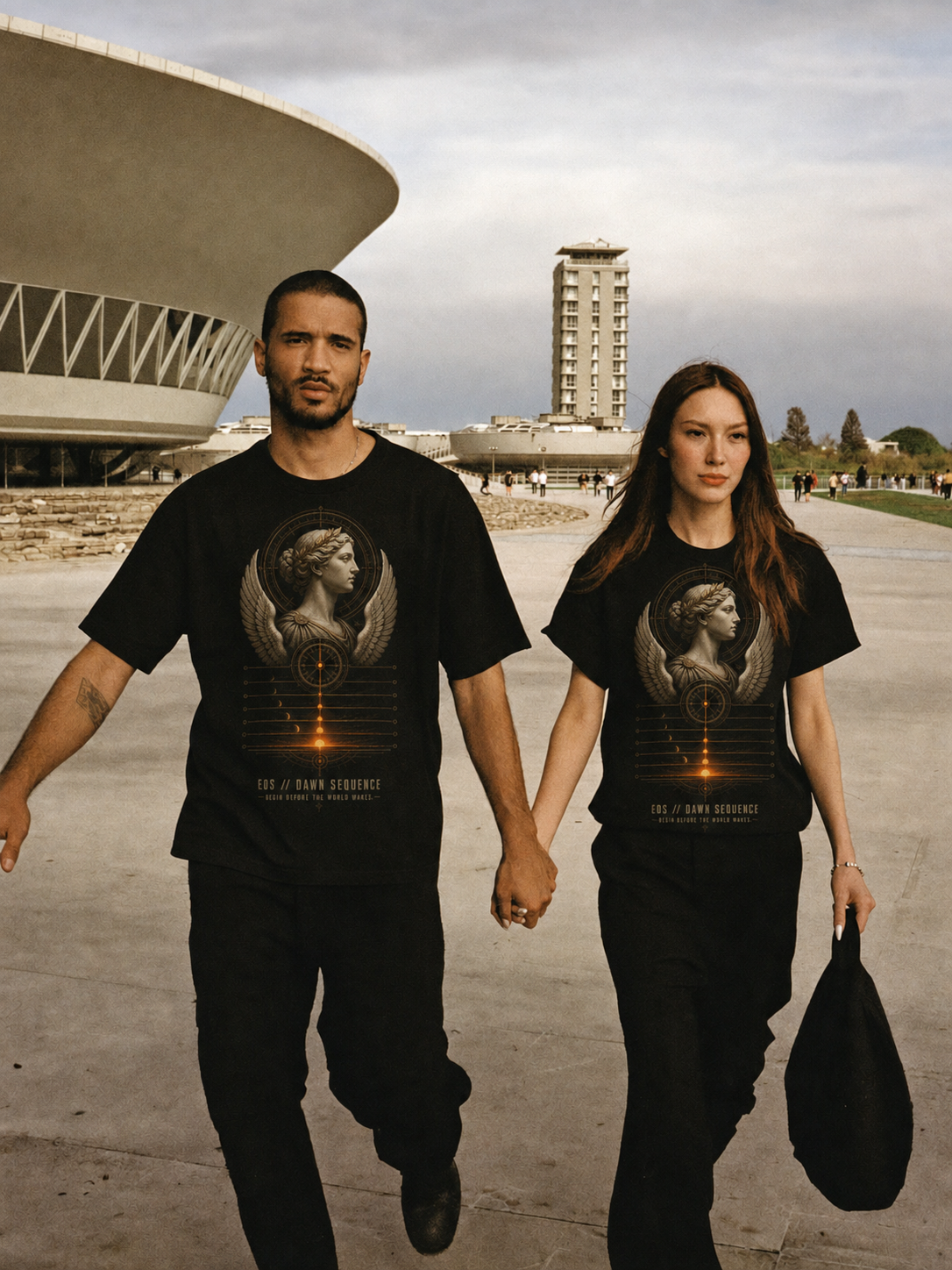 Eos Dawn Sequence black T-shirt — couple Athens lifestyle shot 06