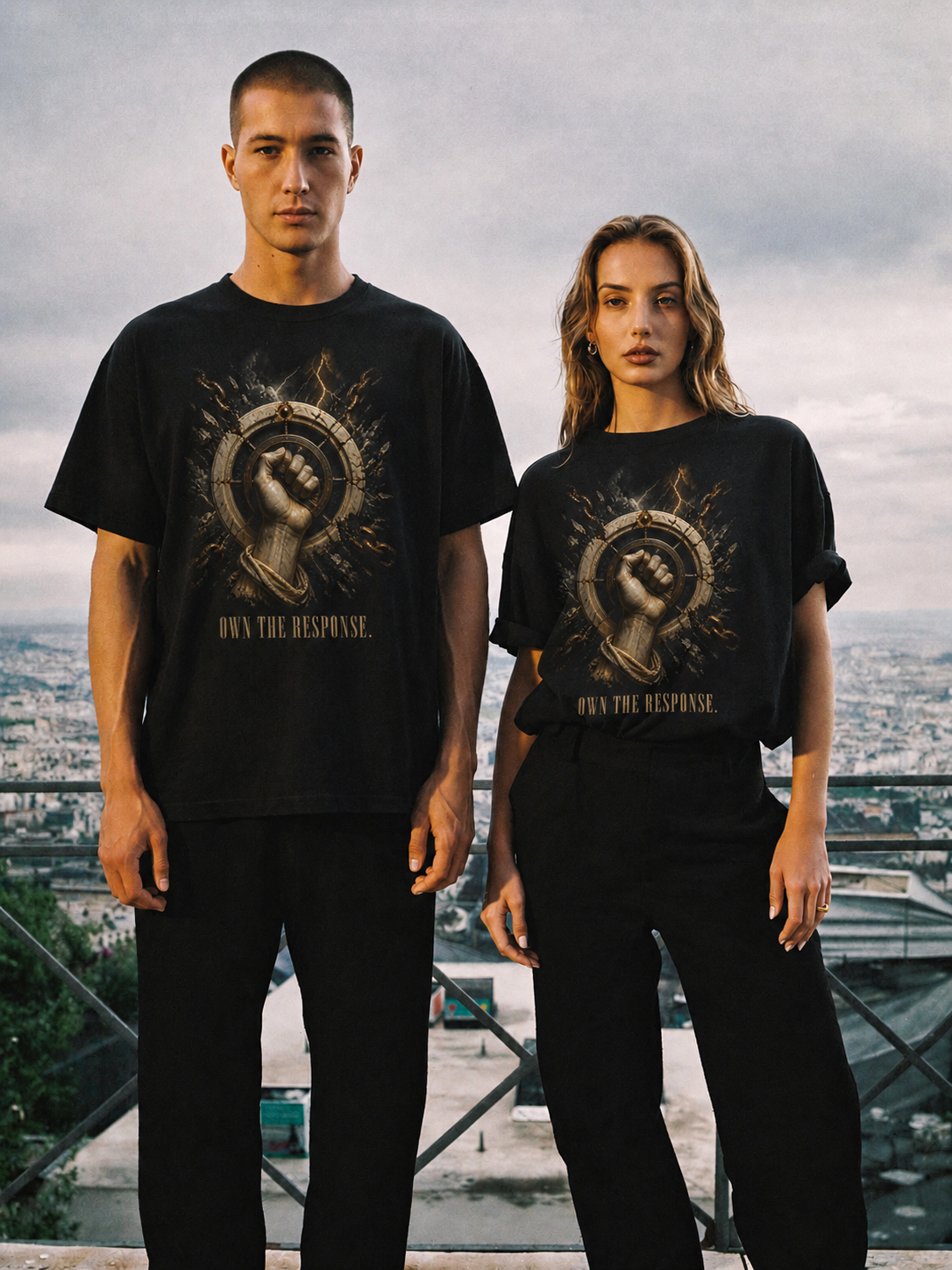 Epictetus Control Boundary black T-shirt — couple Athens lifestyle shot 06