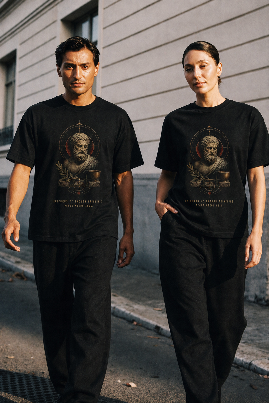 Epicurus Enough Principle black T-shirt — couple Athens lifestyle shot 06