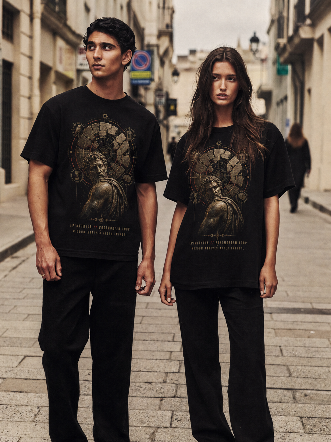 Epimetheus Postmortem Loop black T-shirt — couple Athens lifestyle shot 06