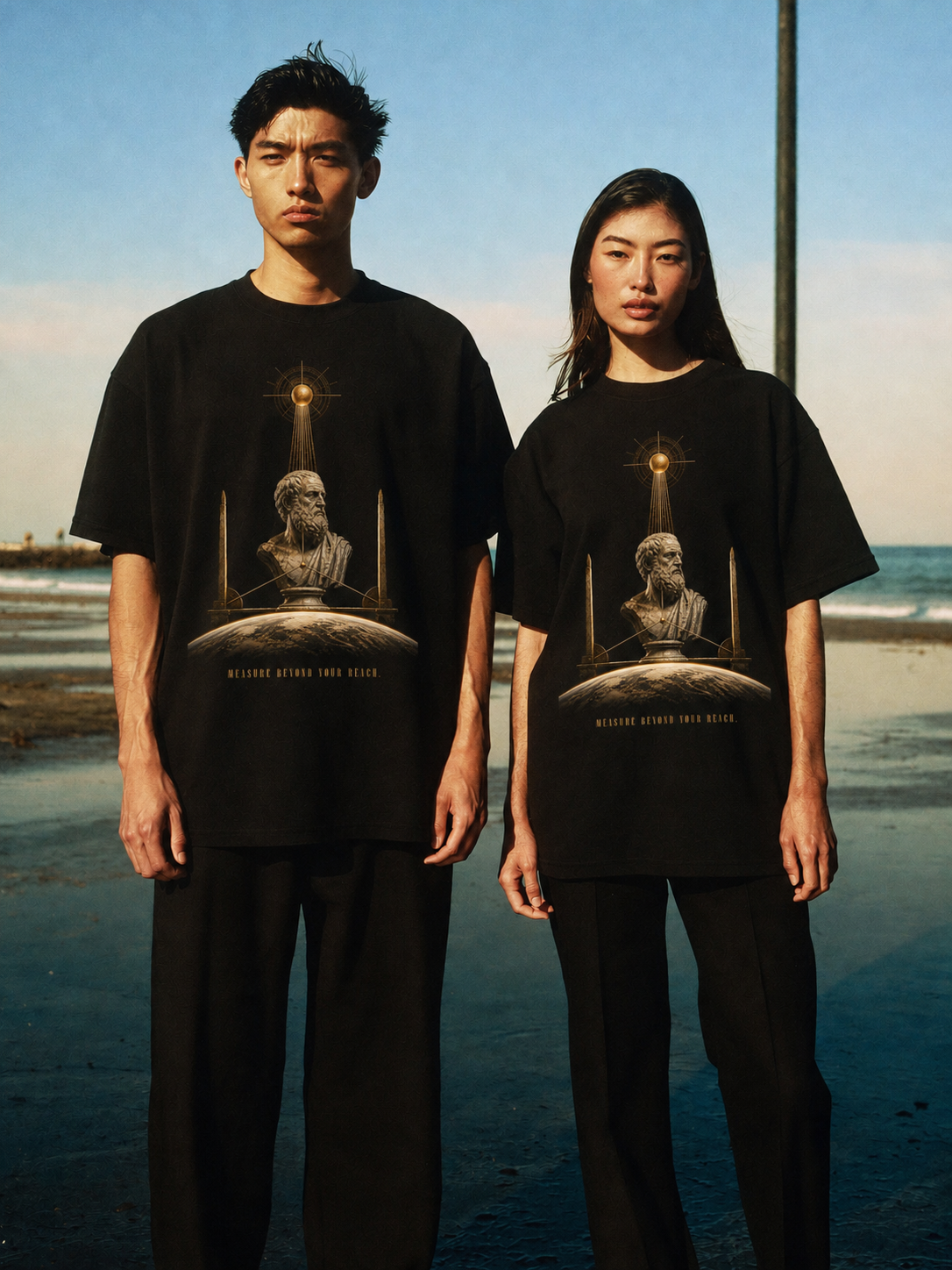 Eratosthenes Shadow Measure T-Shirt — couple lifestyle scene 2 in Athens
