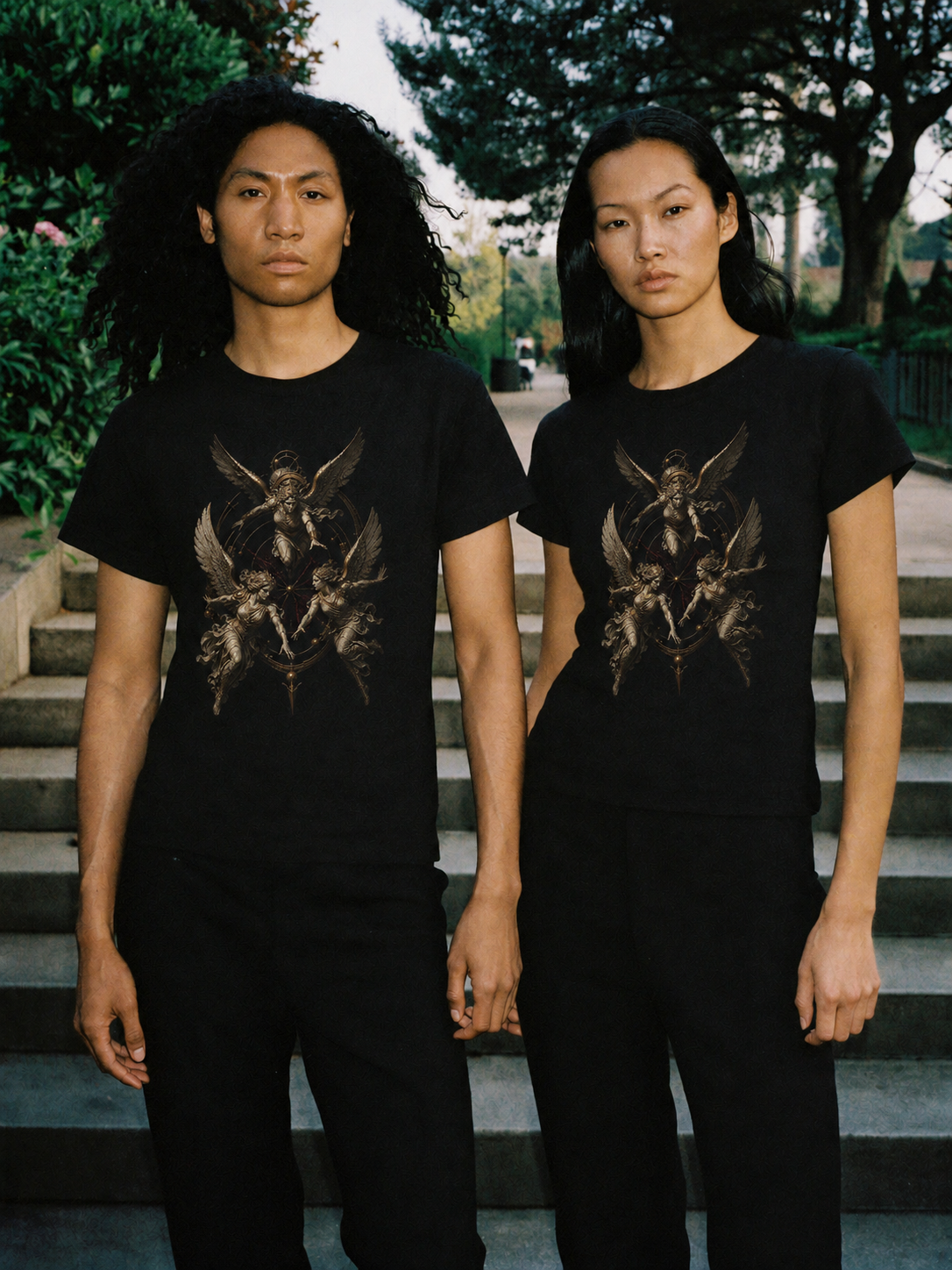 Erinyes Triple Pursuit black T-shirt — couple Athens lifestyle shot 06