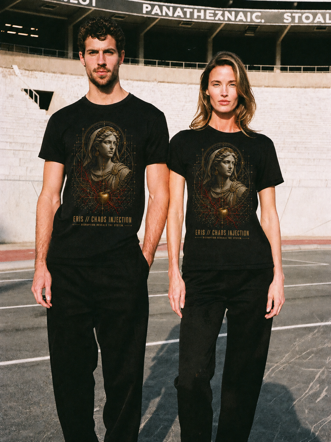 Eris Chaos Injection black T-shirt — couple Athens lifestyle shot 06