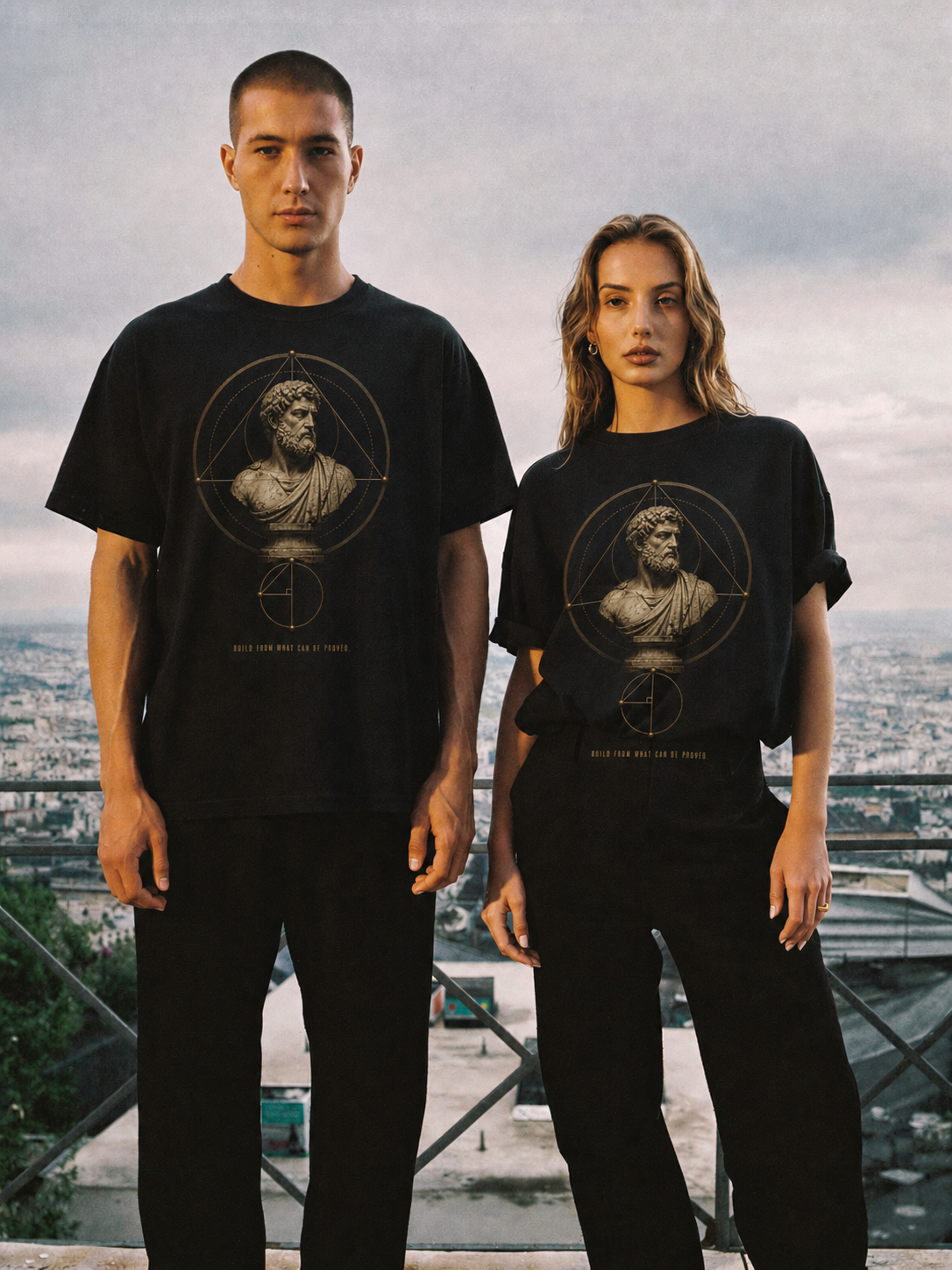 Euclid Proof Architecture T-Shirt — couple lifestyle scene 2 in Athens