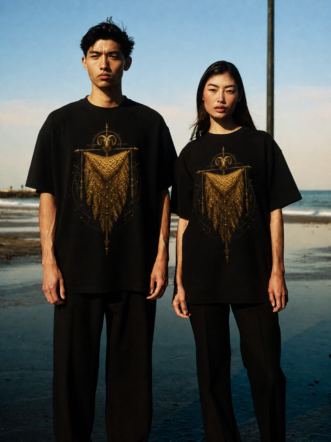 Golden Fleece Relic black T-shirt — couple Athens lifestyle shot 06