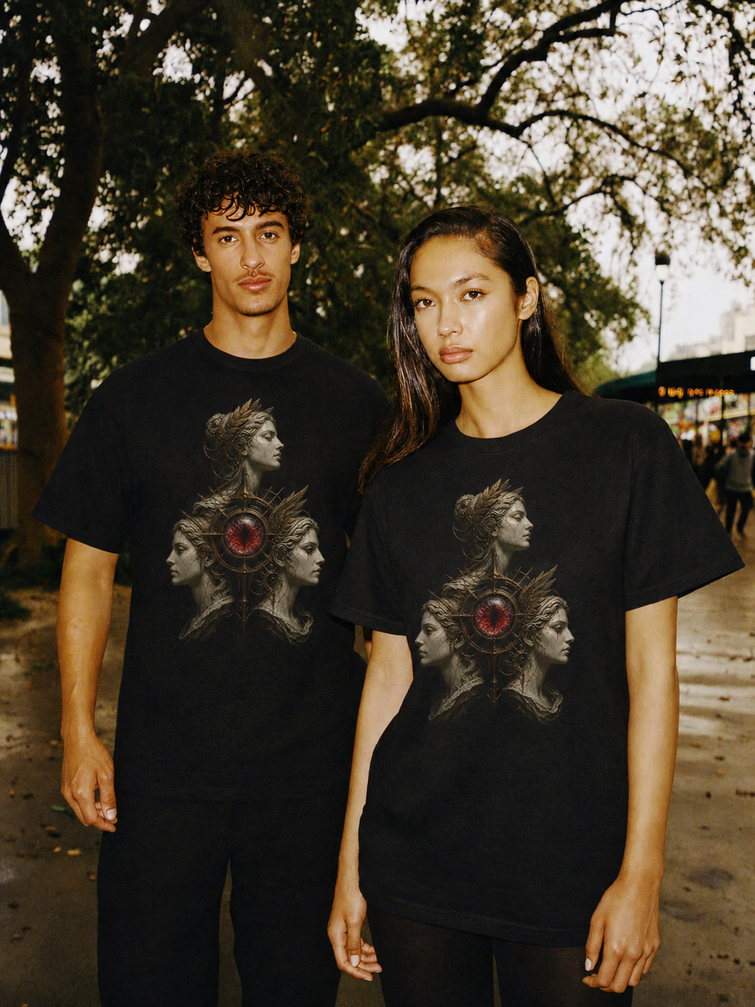 Graeae Shared Eye black T-shirt — couple Athens lifestyle shot 06