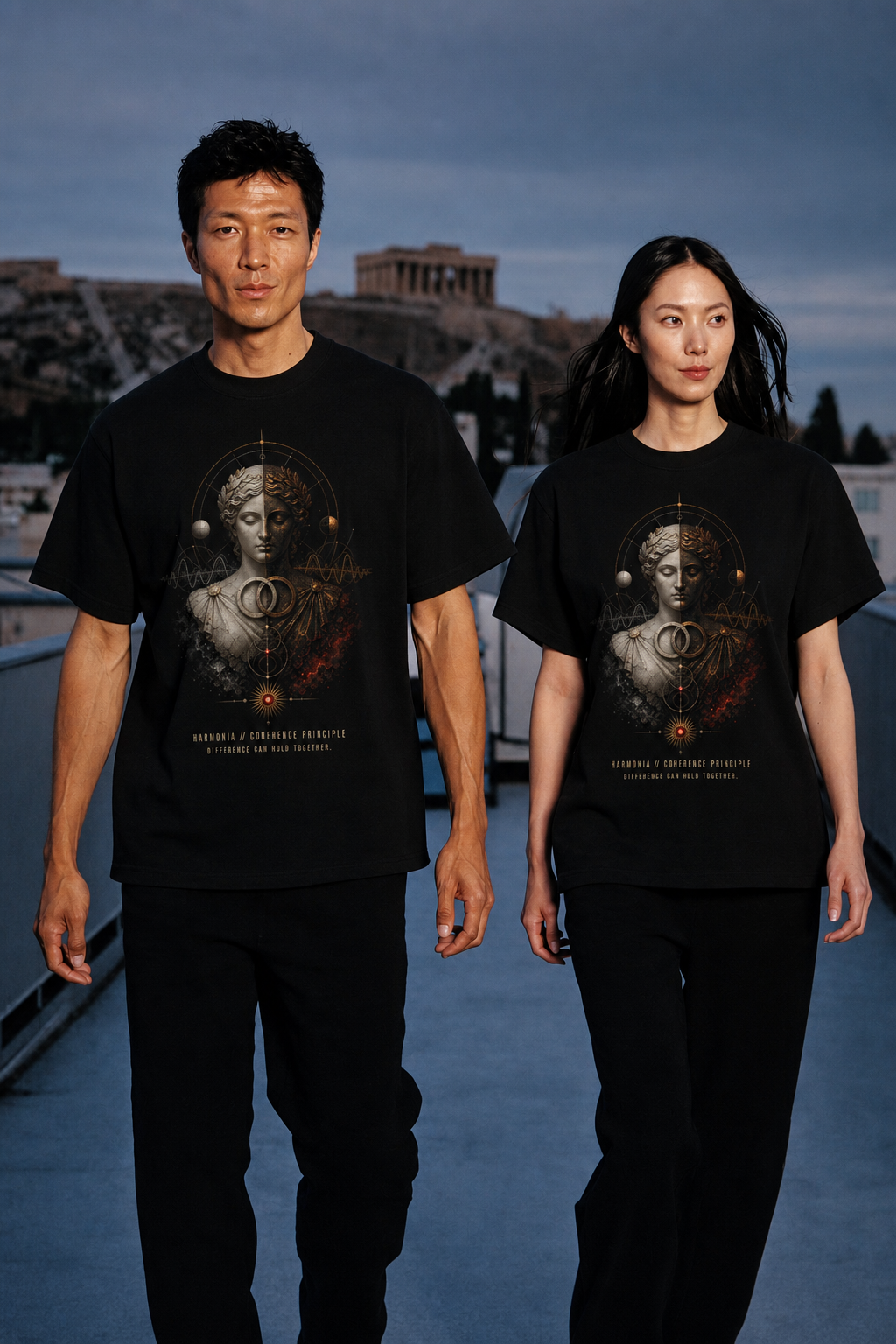 Harmonia Coherence Principle black T-shirt — couple Athens lifestyle shot 06