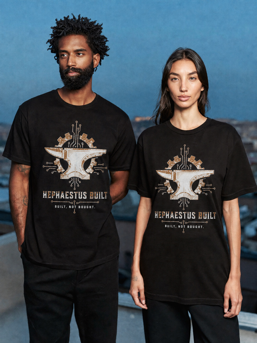 Hephaestus Built black T-shirt — couple Athens lifestyle view 2