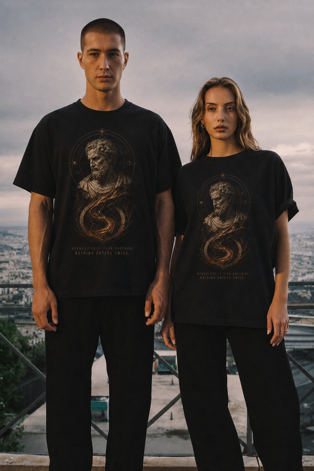 Heraclitus Flux Doctrine black T-shirt — couple Athens lifestyle shot 06
