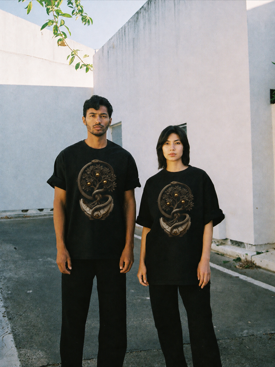 Hesperides Golden Orchard black T-shirt — couple Athens lifestyle shot 06