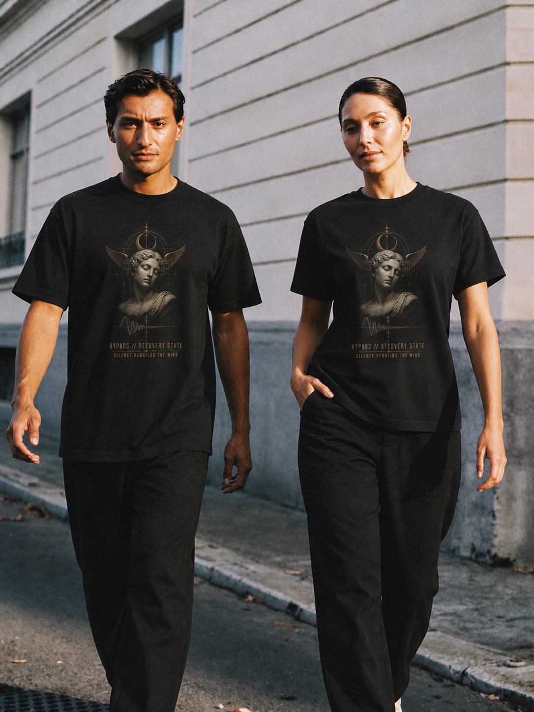 Hypnos Recovery State black T-shirt — couple Athens lifestyle shot 06