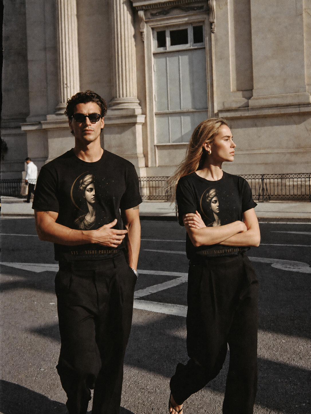Nyx Night Protocol black T-shirt — couple Athens lifestyle view 2